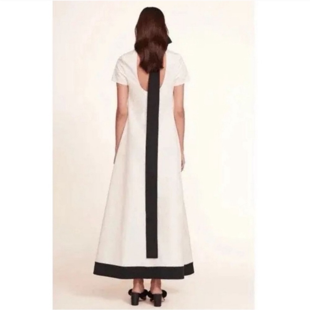 NWT STAUD Ilana dress open back maxi gown bow tie short sleeve black and ivory - Picture 2 of 4